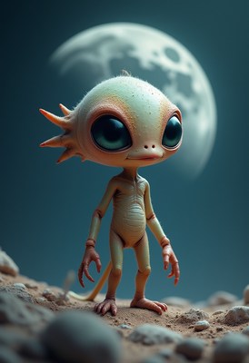 Unique creature stands on rocky terrain under full moon