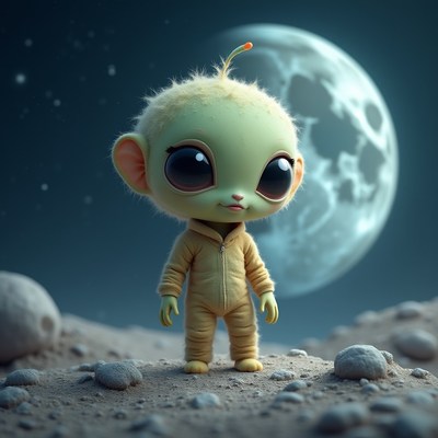 Cute alien character standing on a moon landscape at night