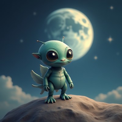 Fantasy creature stands on a rock under a full moon