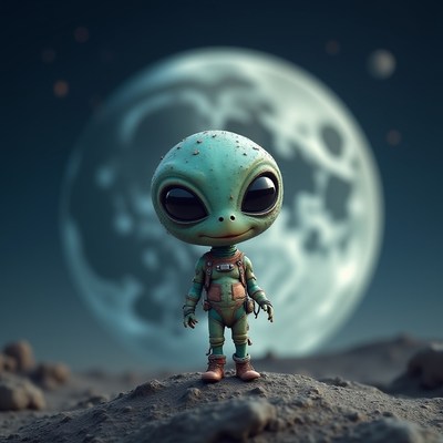 Cute alien stands on moon surface under a large moon