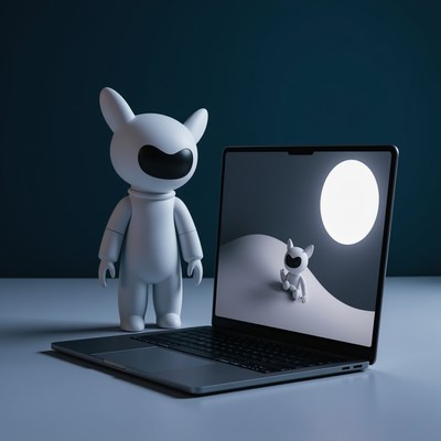 White figure next to laptop with digital landscape at night