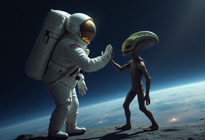 Astronaut encounters alien on lunar surface