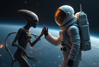 Astronaut meets alien on a distant cosmic planet