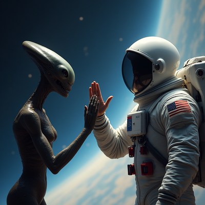 Astronaut interacts with alien in outer space