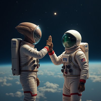 Astronauts greet alien in space above earth