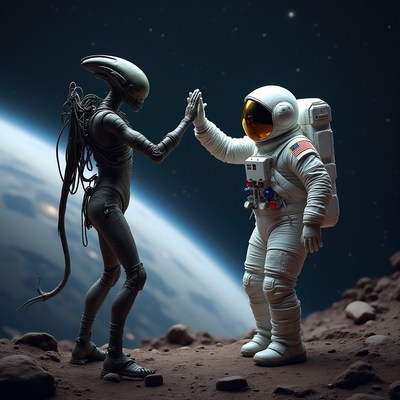 Alien and astronaut share a moment on a distant moon