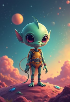 Cute alien character stands on a colorful alien landscape