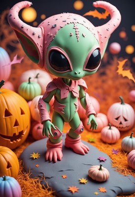Halloween-themed alien figure among festive pumpkins