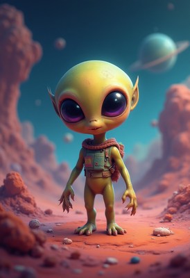 Friendly alien exploring a colorful alien landscape