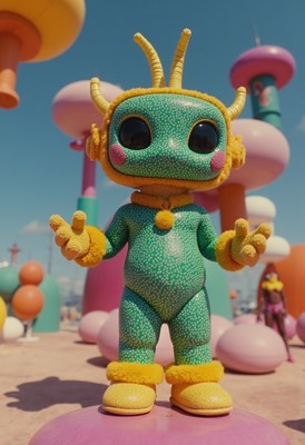 Colorful alien toy stands in whimsical environment