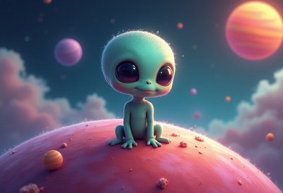 Colorful planet with a friendly alien and stars