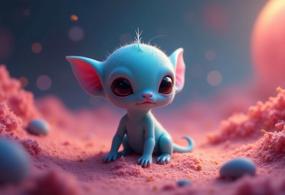 Cute blue creature exploring a whimsical alien landscape