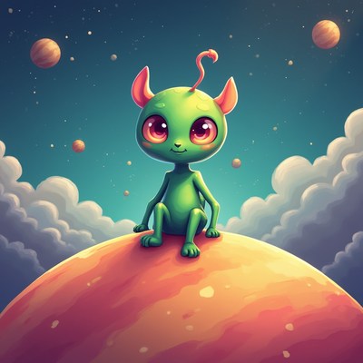 Cute green alien sitting on a colorful planet in space