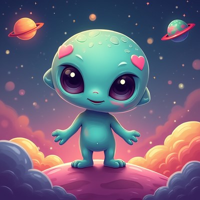 Alien character on a colorful cloud planet