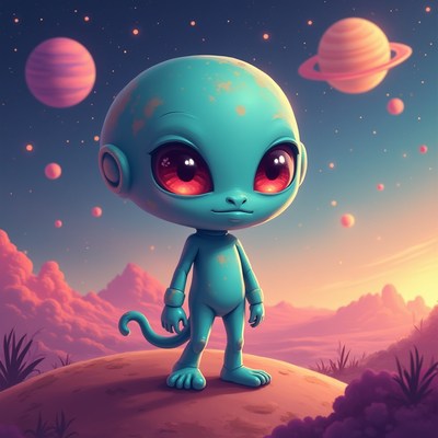 Whimsical alien character stands on a distant planet