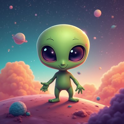 Cute alien character standing on colorful planet surface