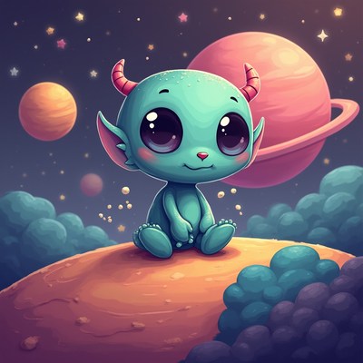 Cute alien creature sitting on a colorful planet in space