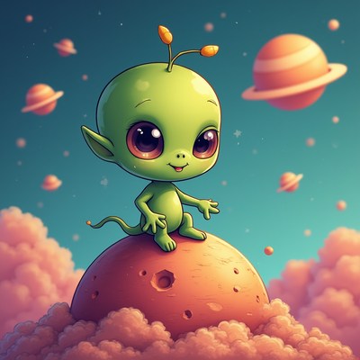 Cute green alien sits on a pink planet in space