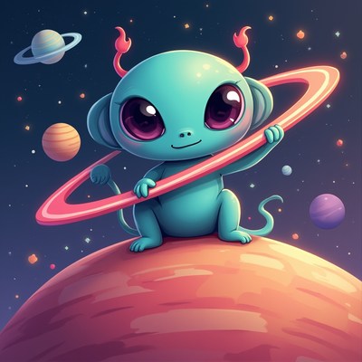 Cute alien creature holds ringed planet in outer space