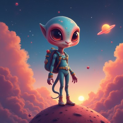 Alien explorer stands on a distant planet at sunset