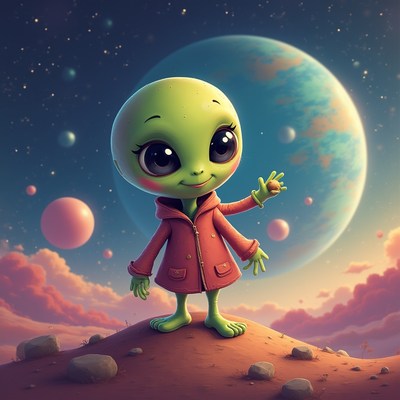 Friendly alien explores vibrant planetary landscape