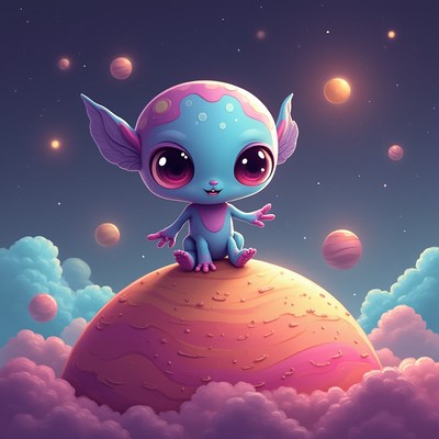 Cute alien sits on a colorful planet in space