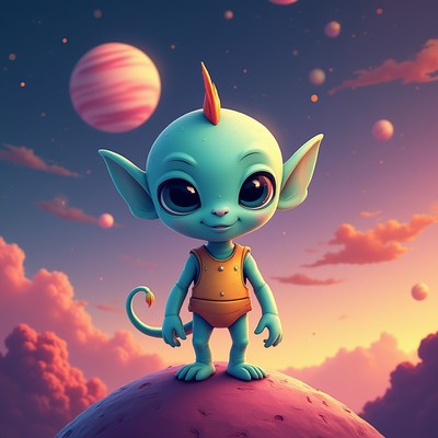 Cute alien character standing on a vibrant planet