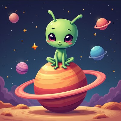 Cute alien character sitting on a colorful planet