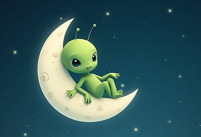 Green alien character relaxing on a crescent moon
