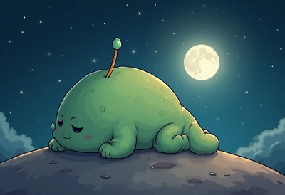 Cuddly green creature resting under the moonlight