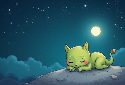 Cute green creature resting under a moonlit sky