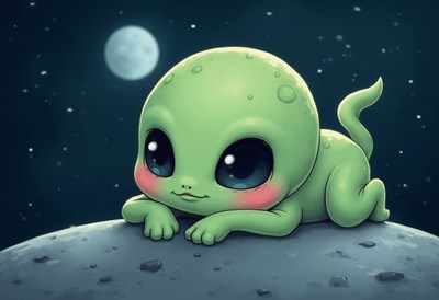 Cute green alien resting on a moon under a night sky