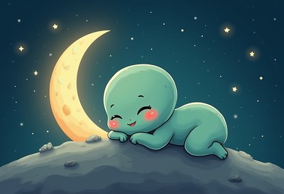 Cute alien baby resting on a moonlit night sky