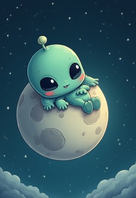 Cute alien character sitting on a moon at night