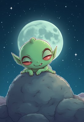 Cute green creature sits on a rock under the moonlight