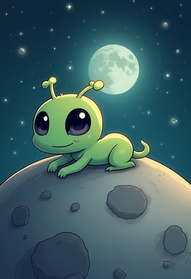 Cute green alien on a moon under a starry night sky