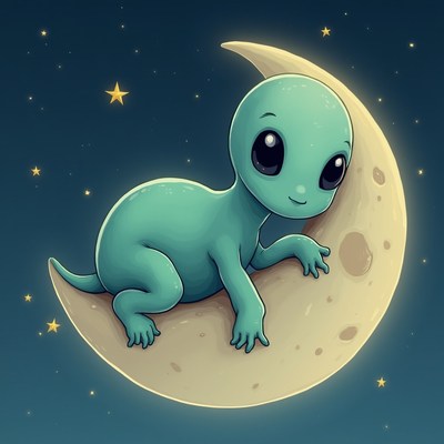 Cute alien character sitting on a crescent moon at night