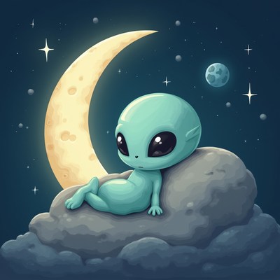 Alien resting on a cloud under a starry sky
