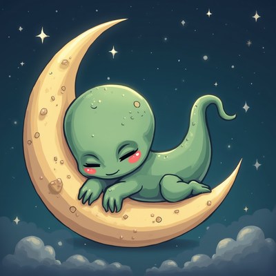 Cute alien resting on a crescent moon in a starry sky