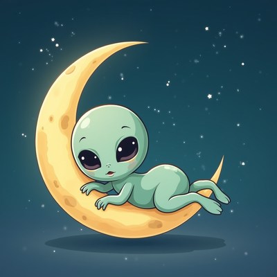 Cute alien resting on a crescent moon at night