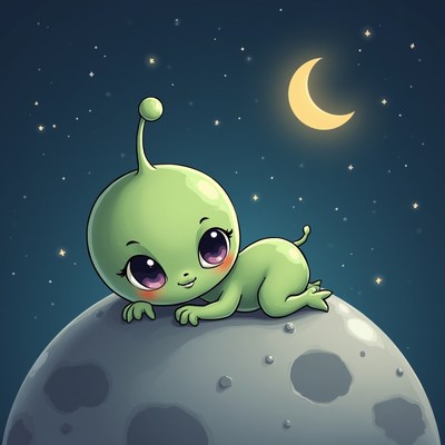 Cute alien character resting on the moon at night