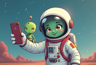 Cute alien and astronaut enjoy a space selfie together
