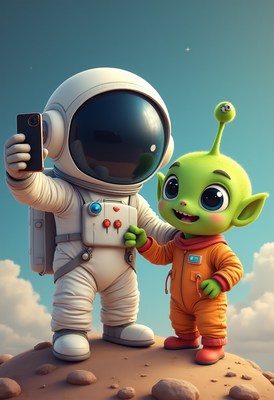 Cute alien and astronaut take a selfie on another planet