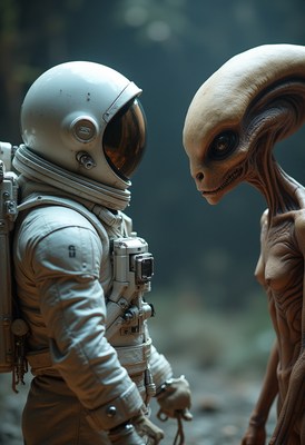 Astronaut and alien encounter in a mysterious forest