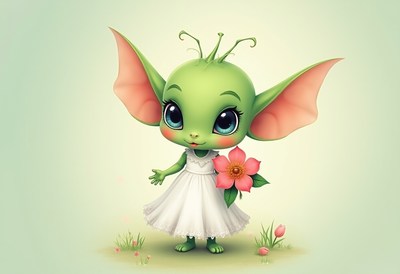 Charming green creature holding a flower in a garden