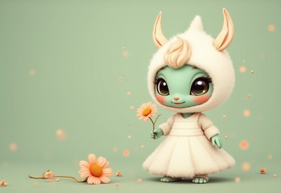 Cute character in a fluffy costume with a flower