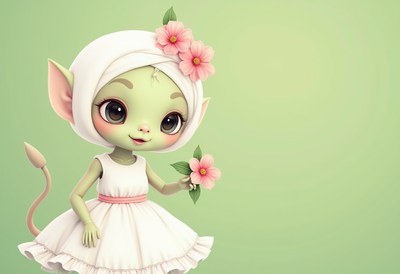 Cute fairy creature holding flower in a green background