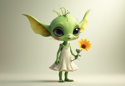 Cute green character holding a flower