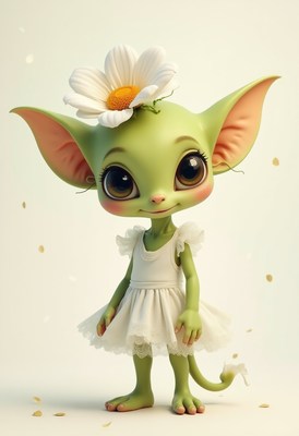 Green character with flower in a whimsical dress