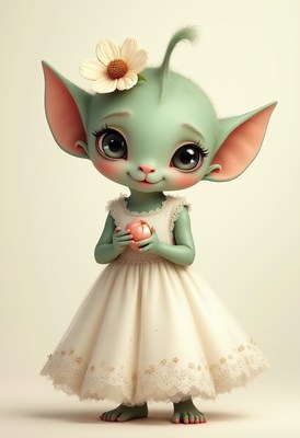 Cute green character holding a ball in a white dress